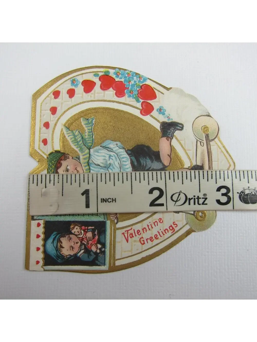 Vintage Valentine Card Die cut Boy Scooter Girl & Doll Window Red Gold UNSIGNED